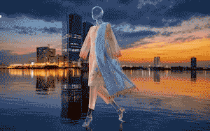 AI-assisted fashion product visual beside a city waterfront