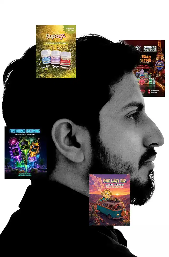 Portrait of Rayhan Khan surrounded by selected cannabis campaign artwork