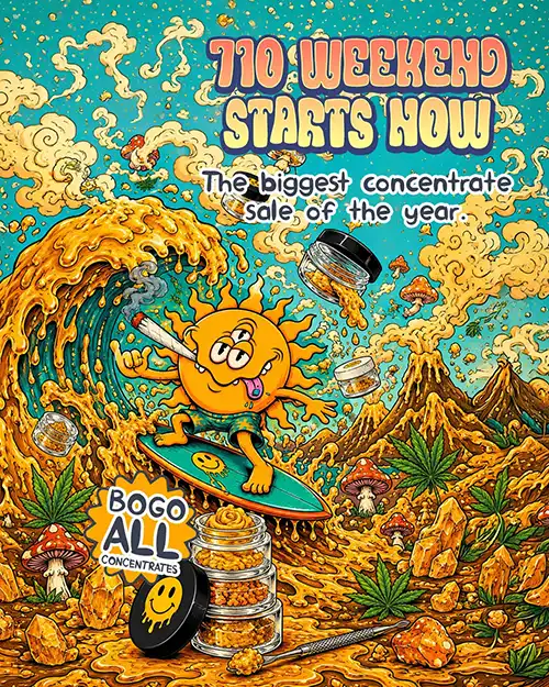Cheddr 710 Weekend cannabis concentrate sale campaign with a psychedelic beach illustration