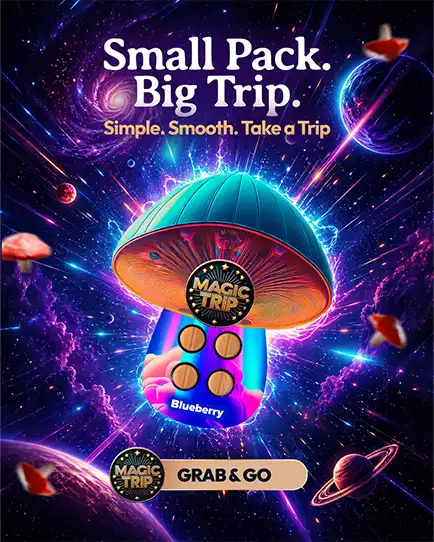 Magic Mushrooms Small Pack Big Trip gummy product campaign